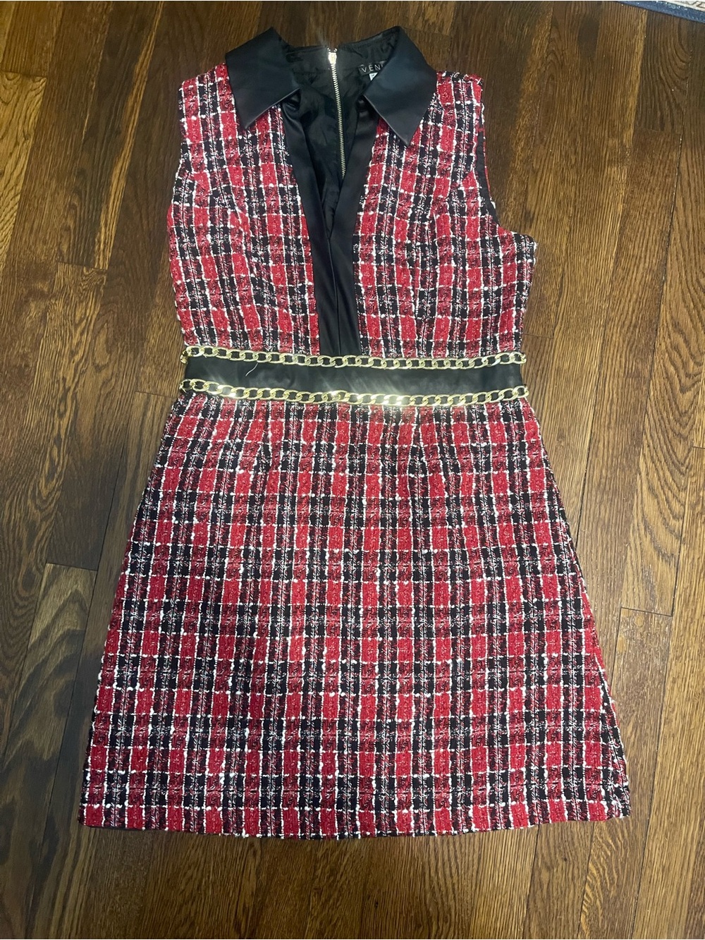 Red Tweed Sleeveless Chain-Detail Dress